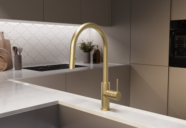 Смеситель для кухни с выдвижным изливом Vincea City VKF-2C1BG брашированное золото фото