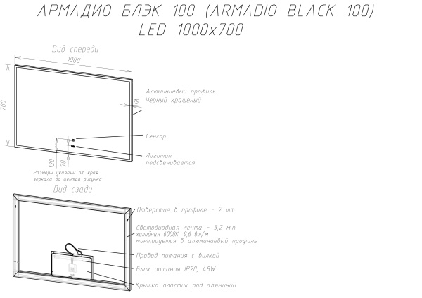 Зеркало SINTESI ARMADIO BLACK 100 с LED-подсветкой  1000x700 SIN-SPEC-ARMADIO-black-100 фото