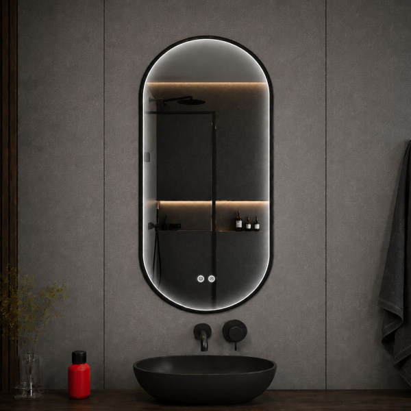 Овальное зеркало в черной алюминиевой раме Comforty Оникс 00-00014218CF 50x100 светодиодная подсветка, контактный сенсор, антизапотевание фото