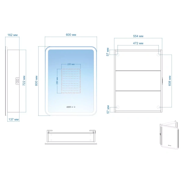Зеркальный шкаф с подсветкой, подогревом и часами Aquame Фиджи AQM9204 левый, антрацит фото
