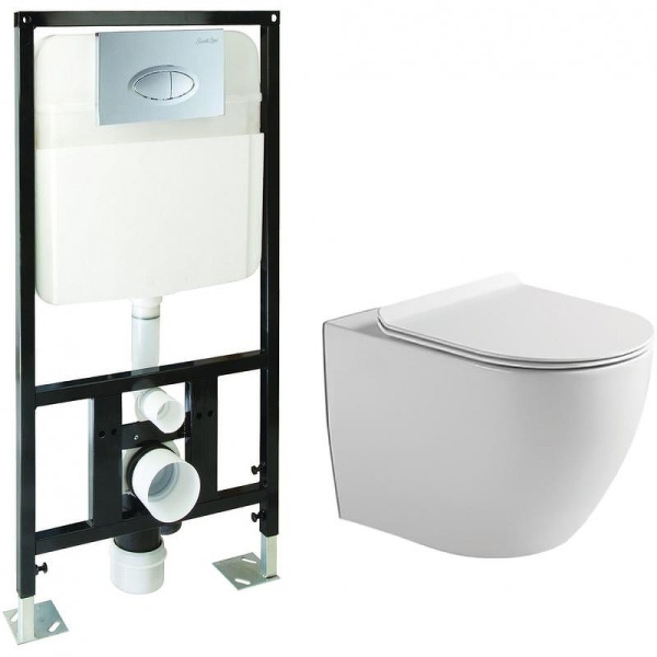 Комплект подвесной унитаз с инсталляцией SantiLine SL-5005T безободковый, с микролифтом, система смыва Tornado + Инсталляция SantiLine SL-01 с кнопкой смыва хром фото