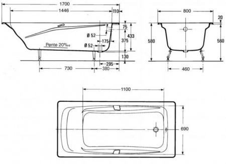 Чугунная ванна Jacob Delafon Repos E2915 с отверстиями для ручек 170x80 фото