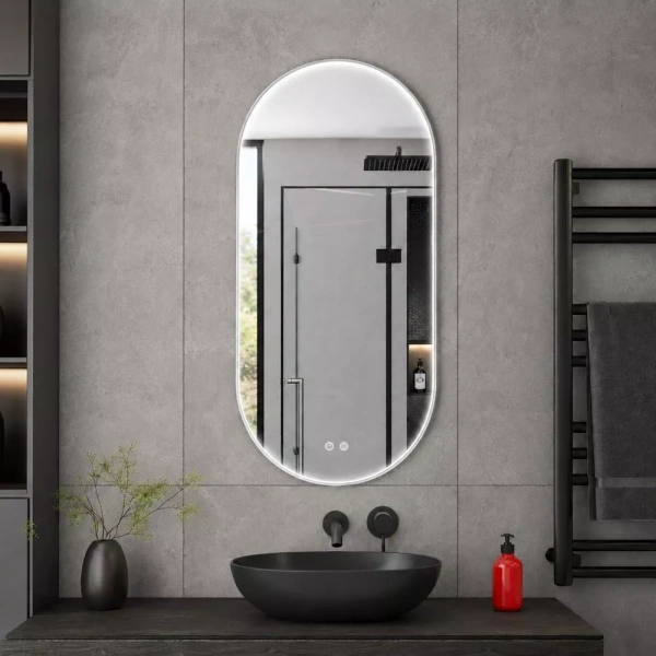 Овальное зеркало в серебряной алюминиевой раме Comforty Оникс 00-00014220CF 50x100 светодиодная подсветка, контактный сенсор, антизапотевание фото
