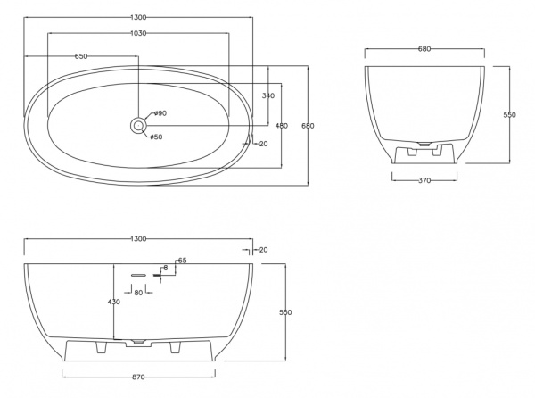 Ванна из искусственого камня Abber Stein AS9641-1.3 130x68 белая матовая фото