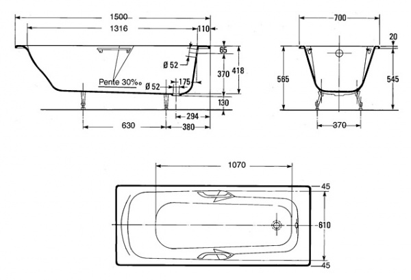 Чугунная ванна Jacob Delafon Prelude E2944 с отверстиями для ручек 150х70 фото