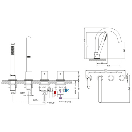 Смеситель на борт ванны с термостатом Timo Saona 2330/18Y черное золото фото
