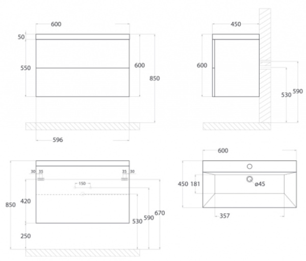 Тумба с раковиной подвесная Art&Max Verona-Push AM-Verona-Push-600-2C-SO-St Камень светлый фото