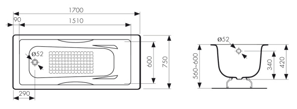 Чугунная ванна Kaiser КВ-1704 170x75 с антискользящим покрытием фото