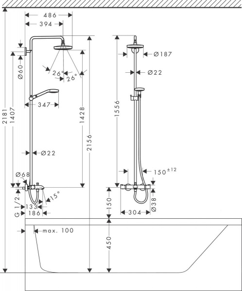 Душевая система (стойка) Hansgrohe Croma Select S 180 2jet Showerpipe 27351400 фото