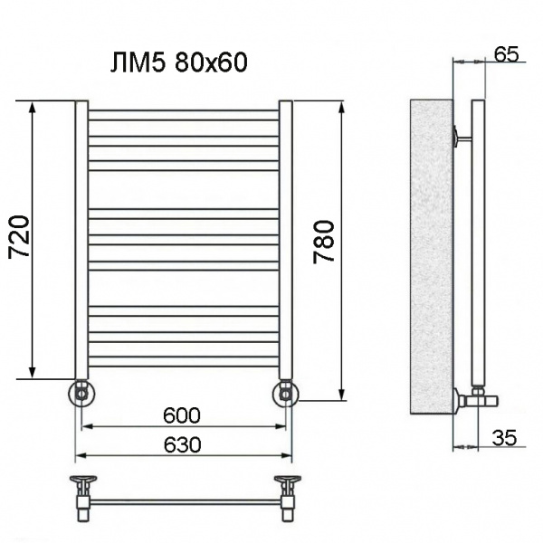 Водяной полотенцесушитель Ника Modern ЛМ 5 80/60 с вентилями фото