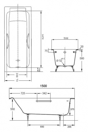 Чугунная ванна Jacob Delafon Parallel E2949 с отверстиями для ручек 150х70 фото