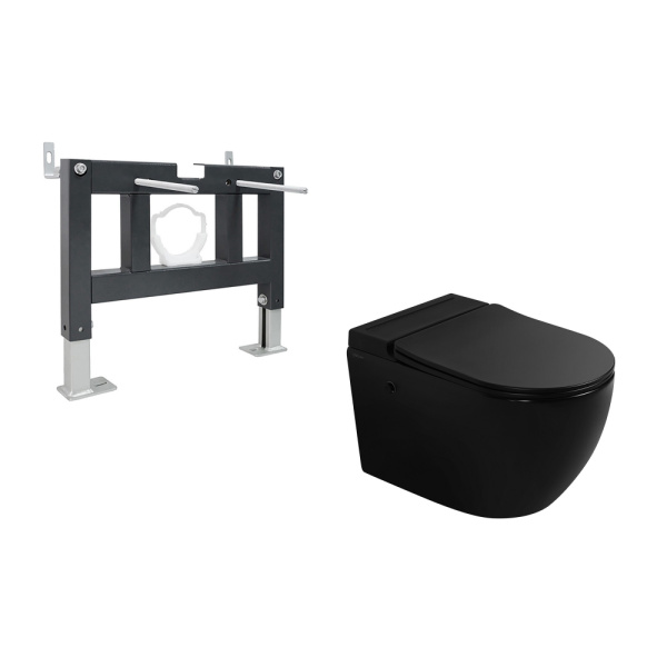 Подвесной унитаз с импульсным смывом Abber Bequem AC1108PMB с инсталляцией AC0101P, черный матовый фото