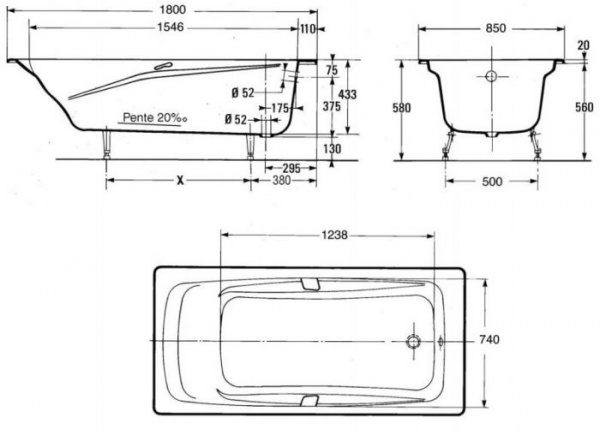 Чугунная ванна Jacob Delafon Repos E2903 с отверстиями для ручек 180x85 фото