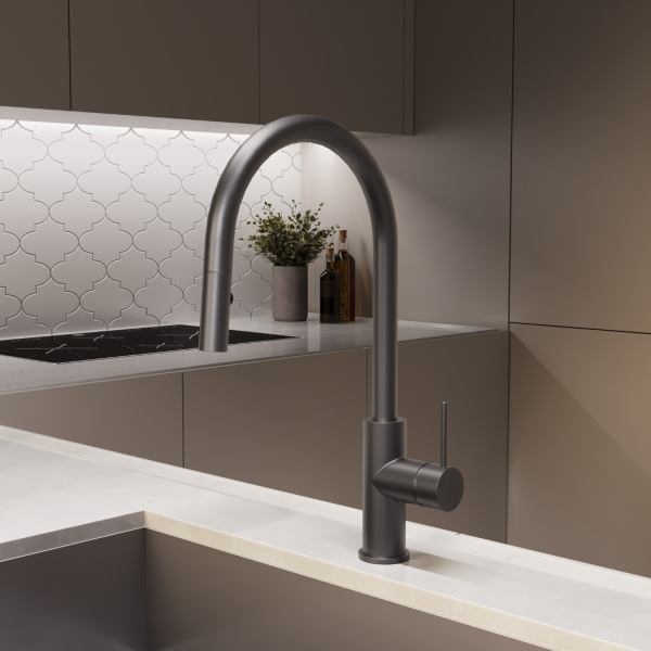 Смеситель для кухни с выдвижным изливом Vincea City VKF-2C1GM вороненая сталь фото