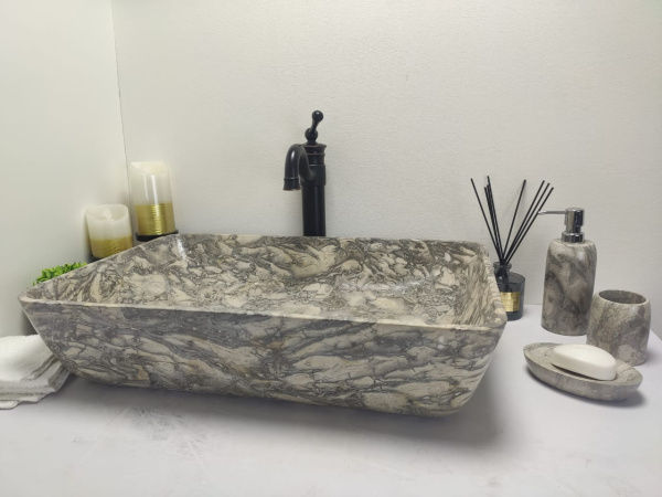 Накладная раковина из мрамора Square Doreng Grey Big прямоуг MS-000247 (60*40*14см) фото