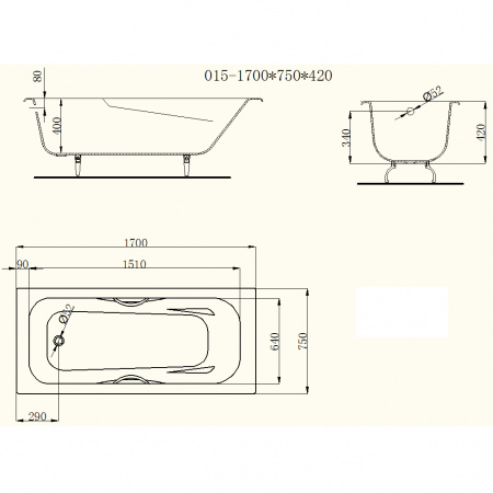 Чугунная ванна Castalia Paola 170x75 с ручками фото