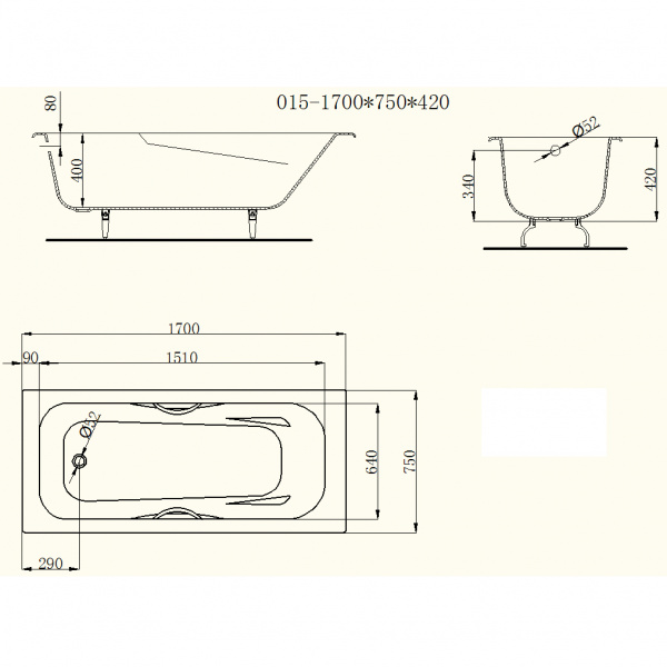 Чугунная ванна Castalia Paola 170x75 с ручками фото