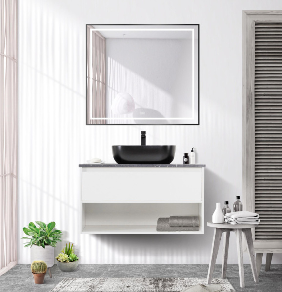 Зеркало с подсветкой, сенсорным выключателем и подогревом BelBagno SPC-KRAFT-900-800-LED-TCH-WARM-NERO 90x80 черное фото