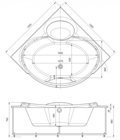 Акриловая ванна Aquatek Эпсилон без гидромассажа 150х150 с каркасом и экраном фото