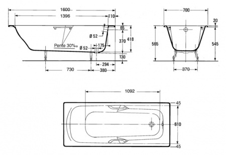 Чугунная ванна Jacob Delafon Prelude E2934 с отверстиями для ручек 160x70 фото
