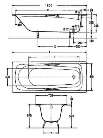 Чугунная ванна Jacob Delafon Melanie E2935 с отверстиями для ручек 160х70 фото