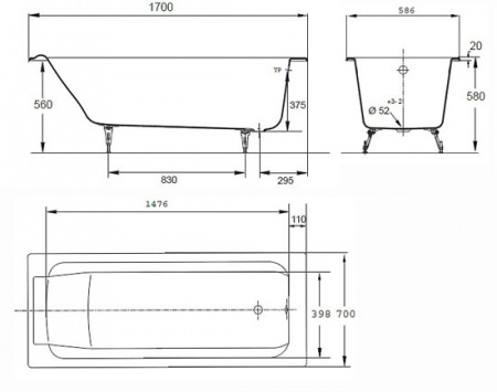 Чугунная ванна Jacob Delafon Parallel E2948 с отверстиями для ручек 170x70 фото