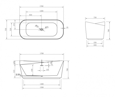 Ванна из искусственого камня Abber Stein AS9609 170x75 белая матовая фото