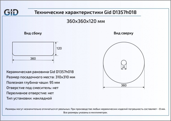 Накладная раковина GID Luxe Line D1357h018 36х36 фото