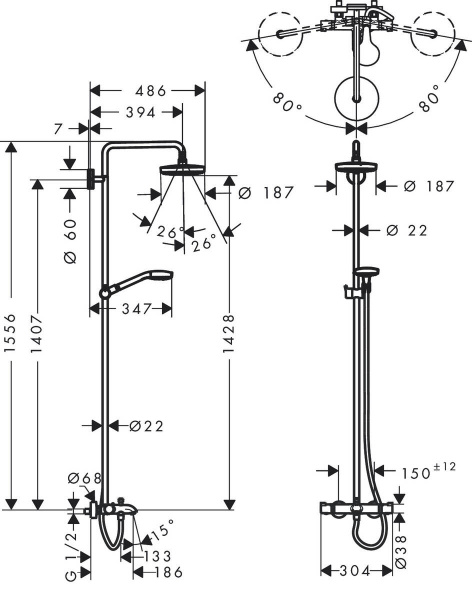 Душевая система (стойка) Hansgrohe Croma Select S 180 2jet Showerpipe 27351400 фото