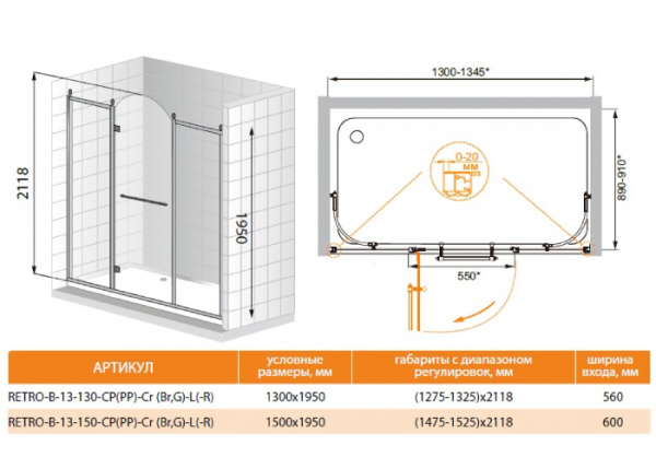 Душевая дверь Cezares Retro RETRO-B-13-130-CP-G-R 130 см золото R фото