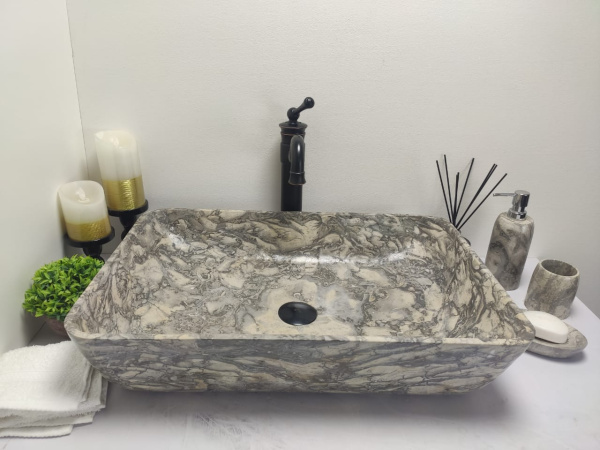 Накладная раковина из мрамора Square Doreng Grey Big прямоуг MS-000247 (60*40*14см) фото