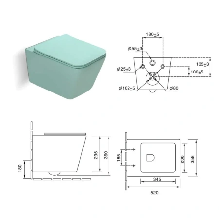 Подвесной унитаз безободковый SantiLine SL-5007LG с сиденьем, светло-зелёный матовый фото
