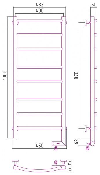 Полотенцесушитель электрический Сунержа Галант 2.0 100х40 с блоком управления справа, 00-5201-1040 фото