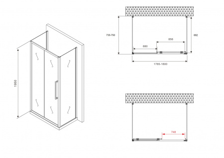 Душевой уголок ABBER Schwarzer Diamant AG30180BH-S75B-S75B 180x75 фото