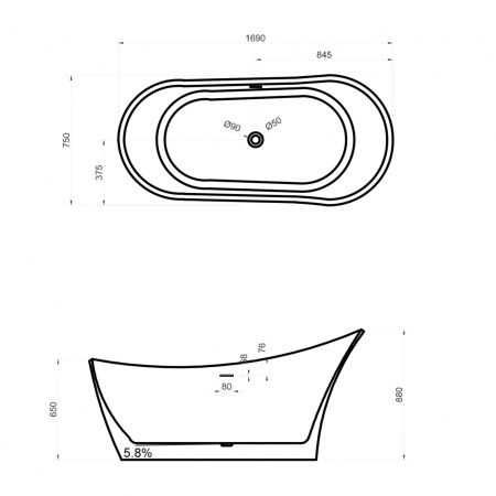 Ванна из искусственого камня Abber Stein AS9618 169x75 белая матовая фото