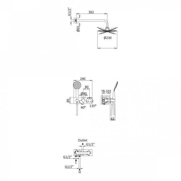 Душевая система скрытого монтажа с термостатом Cezares CZR CZR-B-VDIM-T-NOP черная матовая фото