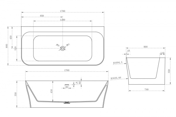 Ванна из искусственого камня Abber Stein AS9616 170x80 белая матовая фото