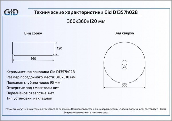 Накладная раковина GID Luxe Line D1357h028 36х36 фото