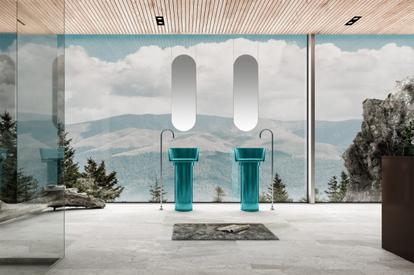 Напольная раковина из полиэфирной смолы Abber Kristall AT2702Aquamarin-H с техническим отверстием для монтажа у стены фото