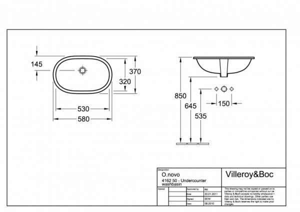 Раковина Villeroy & Boch O'Novo 41625001 53x32 фото
