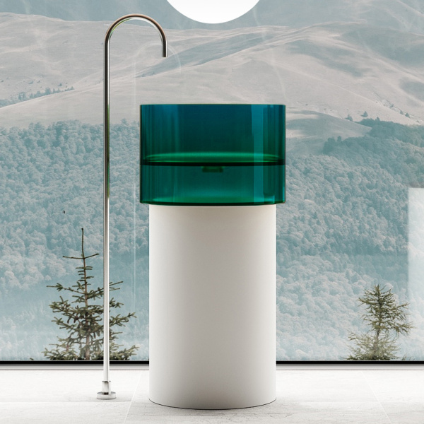 Напольная раковина из полиэфирной смолы Abber Kristall AT2701White-Aquamarin-H полиэфирная смола/искусственный камень, с техническим отверстием для монтажа у стены фото