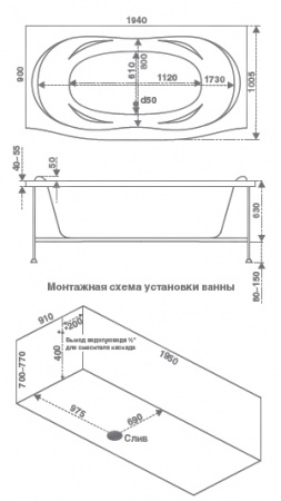 Ванна акриловая с гидромассажем Bas Фиеста 194х100 фото