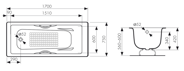 Чугунная ванна с ручками Kaiser КВ-1703 170x75 с антискользящим покрытием фото