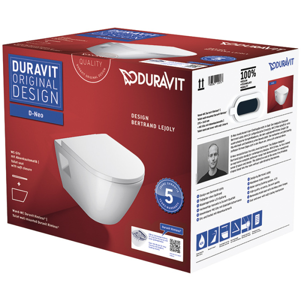 Подвесной унитаз безободковый Duravit D-Neo 45780900A1 (2578090000+0021690000) с сиденьем фото