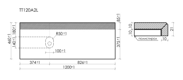 Столешница без отверстия под смеситель Sancos TT120A2L 120 см, kreman фото