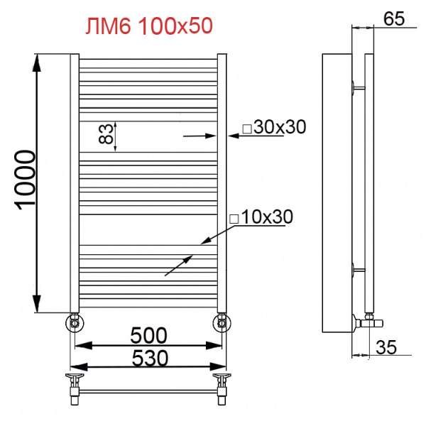 Водяной полотенцесушитель Ника Modern ЛМ 6 100/50 RAL9016 с вентилями фото