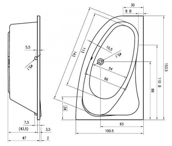 Акриловая ванна Riho Lyra BA6700500000000 153х100 R фото