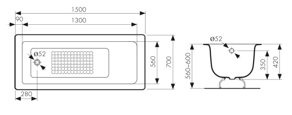 Чугунная ванна Kaiser КВ-1603 150х70 с антискользящим покрытием фото