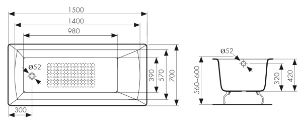Чугунная ванна Kaiser КВ-1801 150x70 с антискользящим покрытием фото