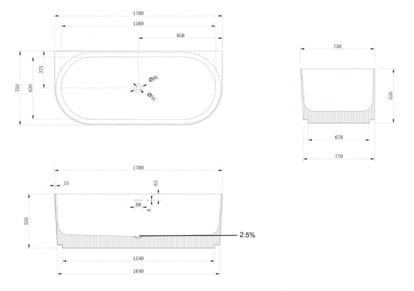 Ванна из искусственого камня Abber Stein AS9630 170x75 белая матовая фото